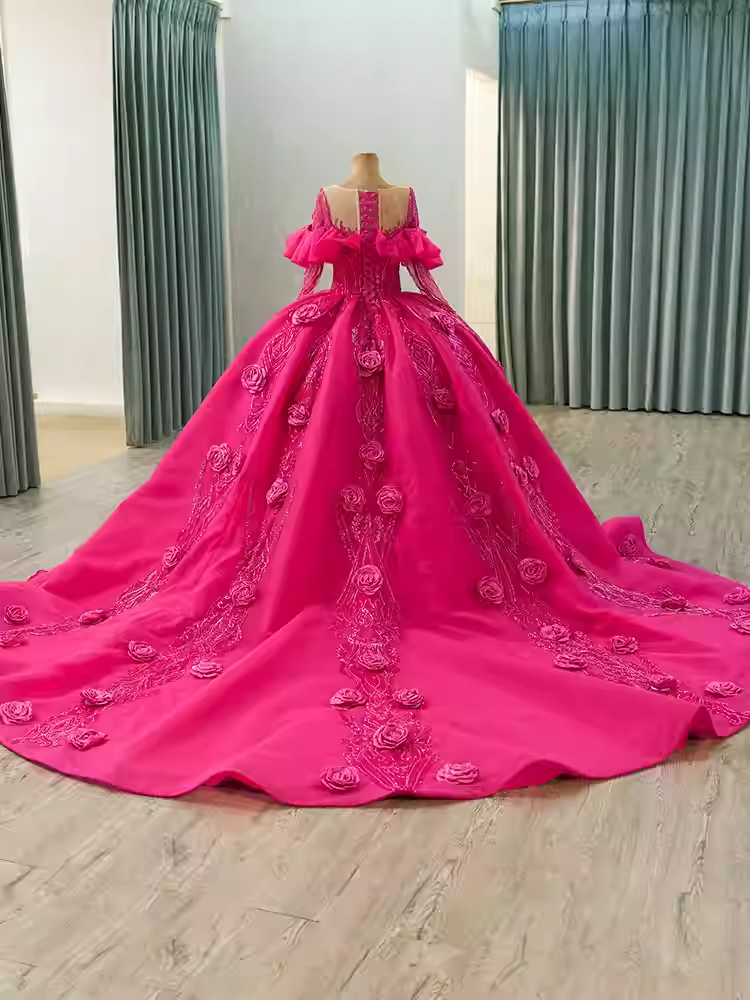 Glamorous Off - Shoulder Long - Sleeved Hot Pink Ball - Gown with 3D Rose Embellishments Prom Dress, BG001