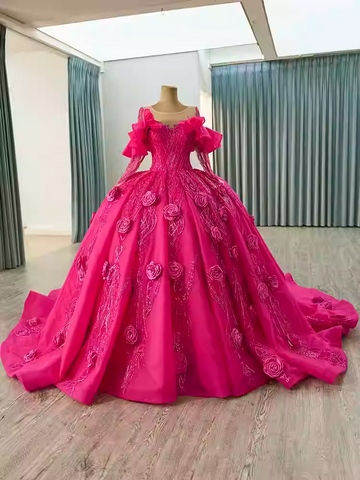 Glamorous Off - Shoulder Long - Sleeved Hot Pink Ball - Gown with 3D Rose Embellishments Prom Dress, BG001