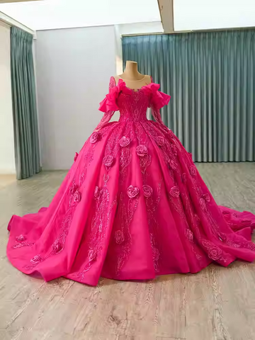 Glamorous Off - Shoulder Long - Sleeved Hot Pink Ball - Gown with 3D Rose Embellishments Prom Dress, BG001