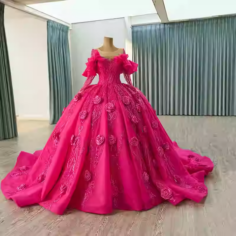 Glamorous Off - Shoulder Long - Sleeved Hot Pink Ball - Gown with 3D Rose Embellishments Prom Dress, BG001