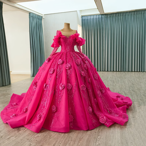 Glamorous Off - Shoulder Long - Sleeved Hot Pink Ball - Gown with 3D Rose Embellishments Prom Dress, BG001