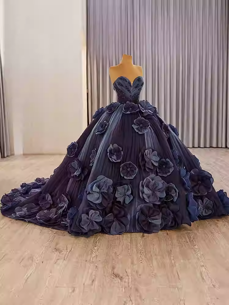 Glamorous Strapless Ombre Purple Ball - Gown with Large 3D Flower Embellishments Prom Dress, BG002
