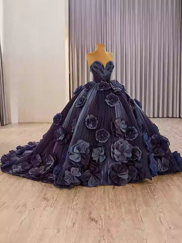 Glamorous Strapless Ombre Purple Ball - Gown with Large 3D Flower Embellishments Prom Dress, BG002