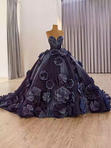 Glamorous Strapless Ombre Purple Ball - Gown with Large 3D Flower Embellishments Prom Dress, BG002