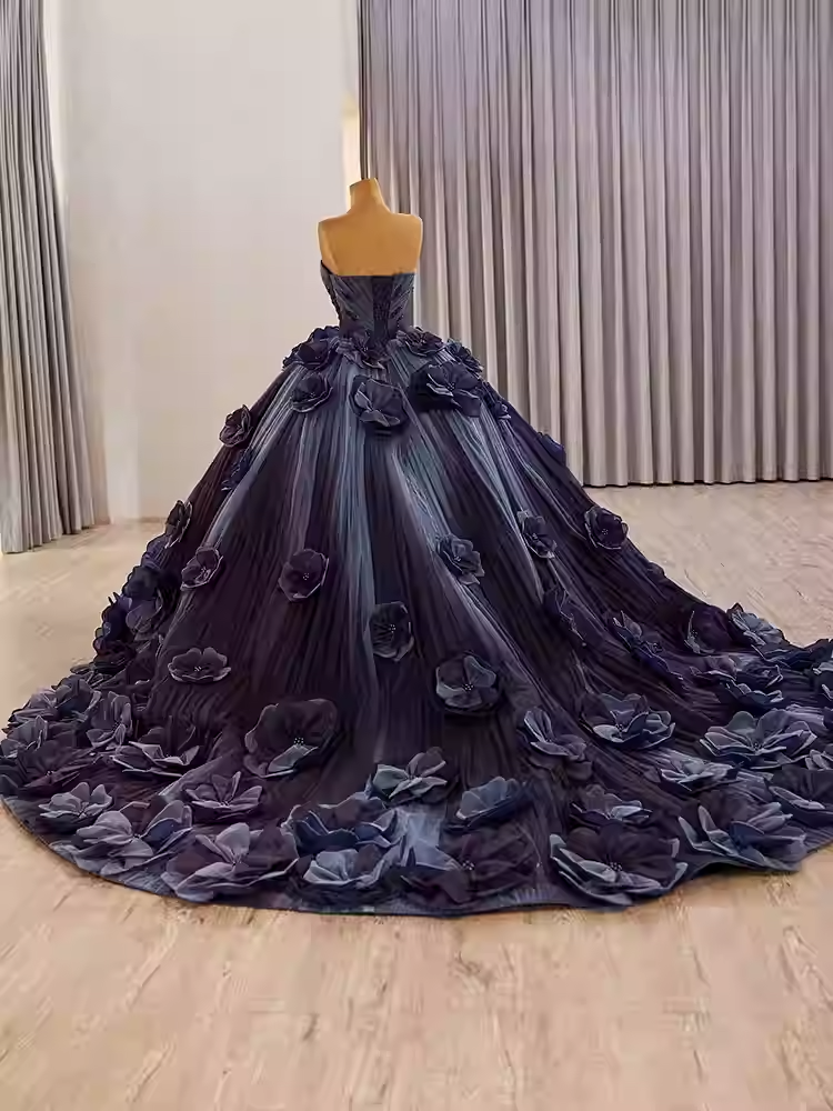 Glamorous Strapless Ombre Purple Ball - Gown with Large 3D Flower Embellishments Prom Dress, BG002
