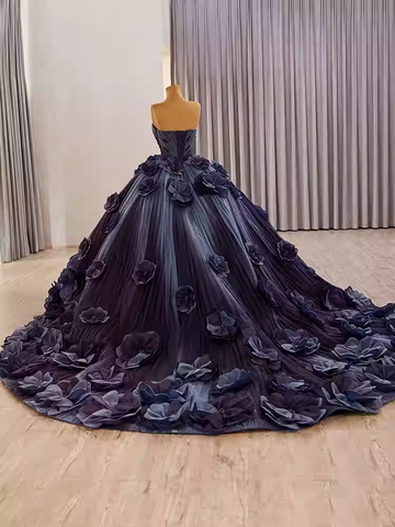 Glamorous Strapless Ombre Purple Ball - Gown with Large 3D Flower Embellishments Prom Dress, BG002