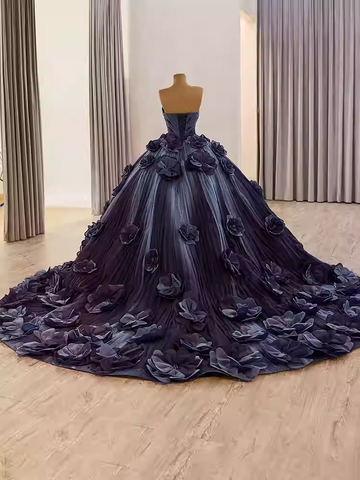 Glamorous Strapless Ombre Purple Ball - Gown with Large 3D Flower Embellishments Prom Dress, BG002