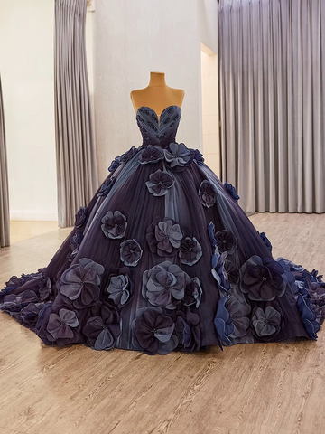 Glamorous Strapless Ombre Purple Ball - Gown with Large 3D Flower Embellishments Prom Dress, BG002
