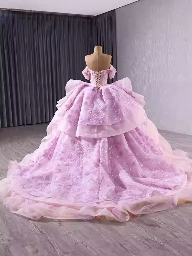 Charming Off - Shoulder Ombre Tulle Prom Dress with Bow Accent Prom Dress, BG003