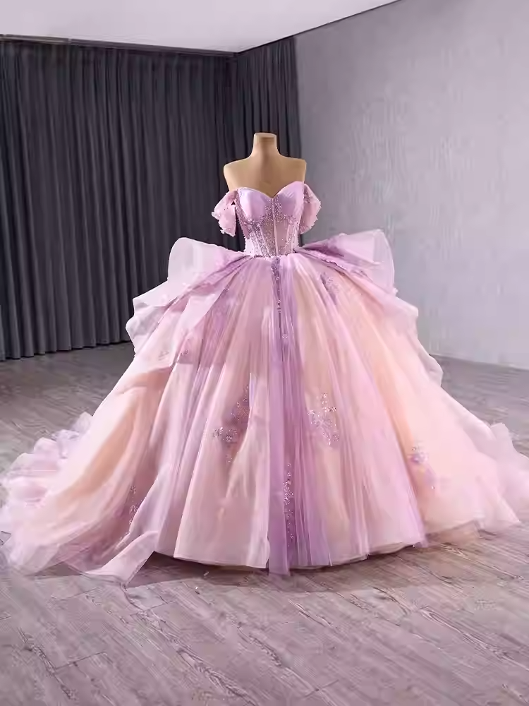 Charming Off - Shoulder Ombre Tulle Prom Dress with Bow Accent Prom Dress, BG003