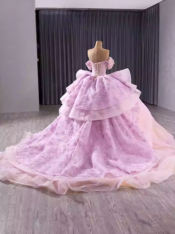 Charming Off - Shoulder Ombre Tulle Prom Dress with Bow Accent Prom Dress, BG003