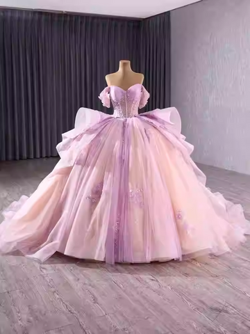 Charming Off - Shoulder Ombre Tulle Prom Dress with Bow Accent Prom Dress, BG003