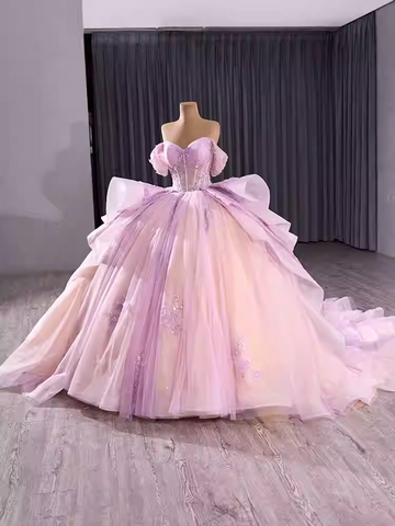 Charming Off - Shoulder Ombre Tulle Prom Dress with Bow Accent Prom Dress, BG003