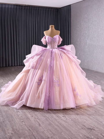 Charming Off - Shoulder Ombre Tulle Prom Dress with Bow Accent Prom Dress, BG003