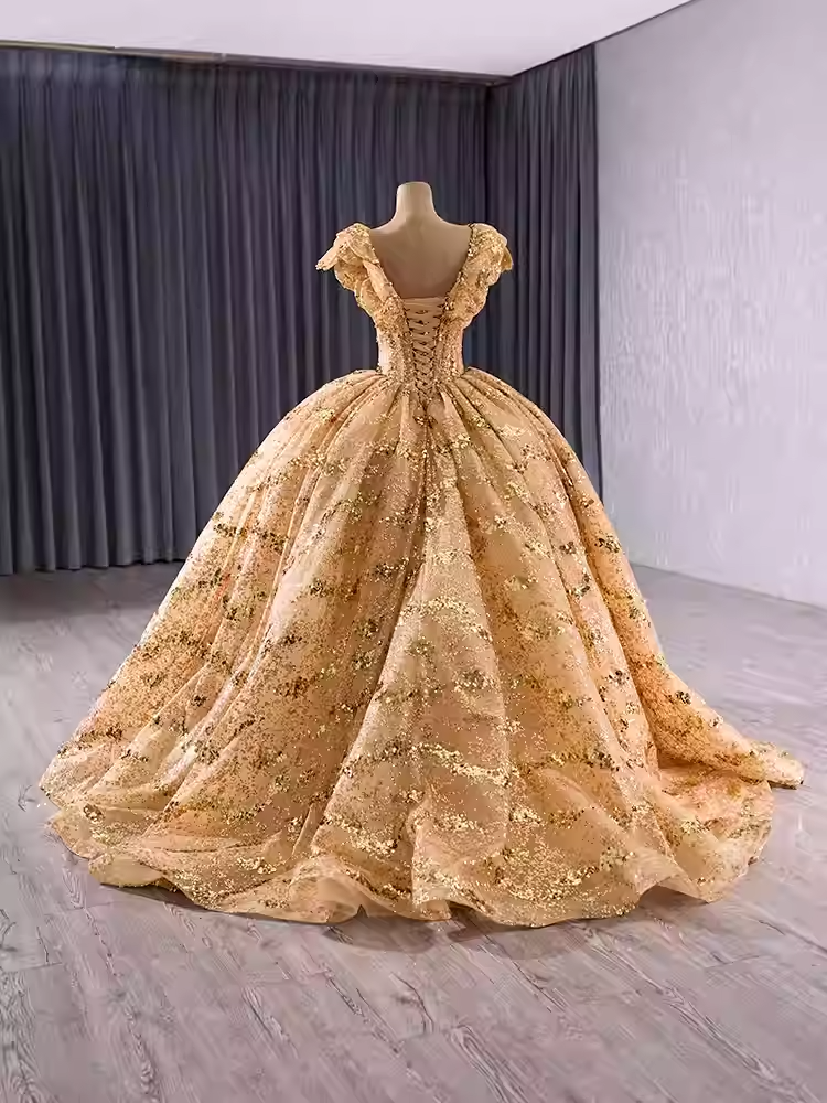 Glamorous V - Neck Padded Short Sleeve Sequin Ball Gown Prom Dress, BG004