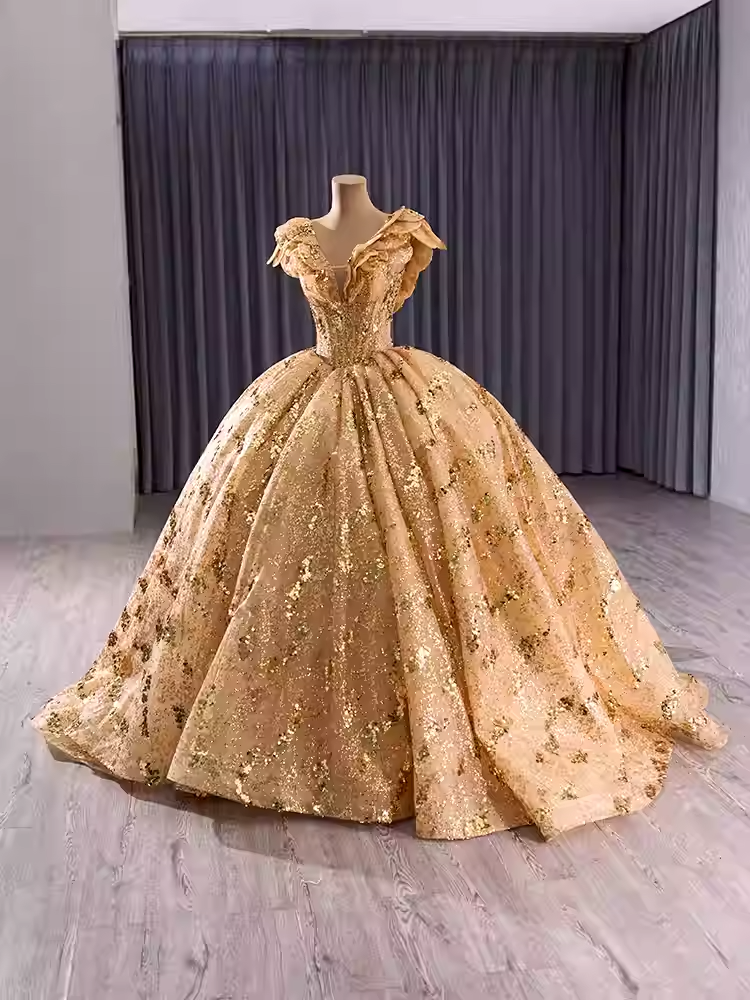 Glamorous V - Neck Padded Short Sleeve Sequin Ball Gown Prom Dress, BG004