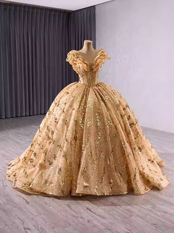 Glamorous V - Neck Padded Short Sleeve Sequin Ball Gown Prom Dress, BG004