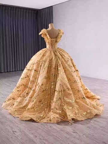 Glamorous V - Neck Padded Short Sleeve Sequin Ball Gown Prom Dress, BG004