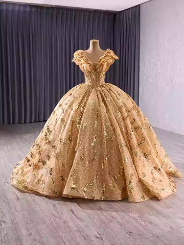 Glamorous V - Neck Padded Short Sleeve Sequin Ball Gown Prom Dress, BG004