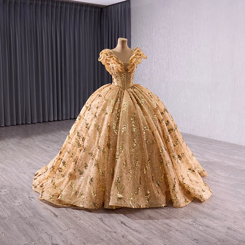 Glamorous V - Neck Padded Short Sleeve Sequin Ball Gown Prom Dress, BG004