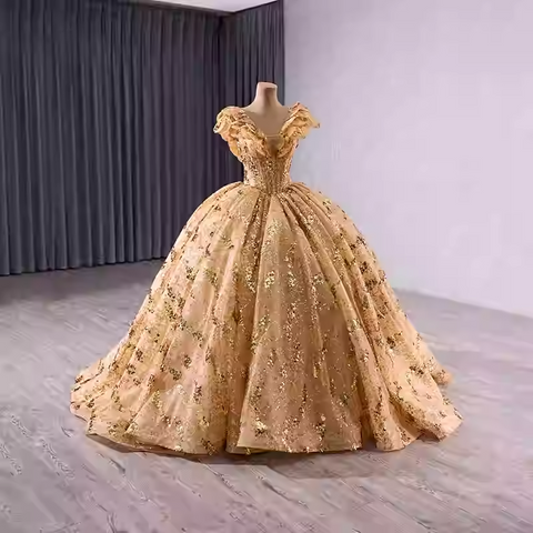 Glamorous V - Neck Padded Short Sleeve Sequin Ball Gown Prom Dress, BG004