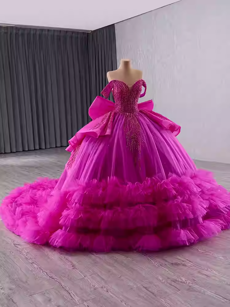 Stunning Off - Shoulder Hot Pink Tulle Ball Gown with Bow and Ruffled Hem Prom Dress, BG005