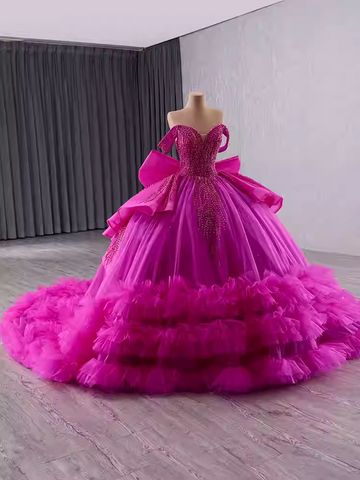 Stunning Off - Shoulder Hot Pink Tulle Ball Gown with Bow and Ruffled Hem Prom Dress, BG005