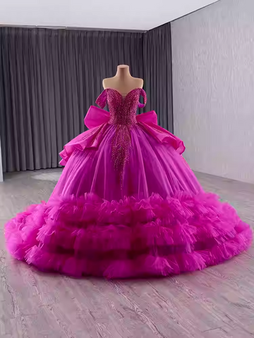 Stunning Off - Shoulder Hot Pink Tulle Ball Gown with Bow and Ruffled Hem Prom Dress, BG005