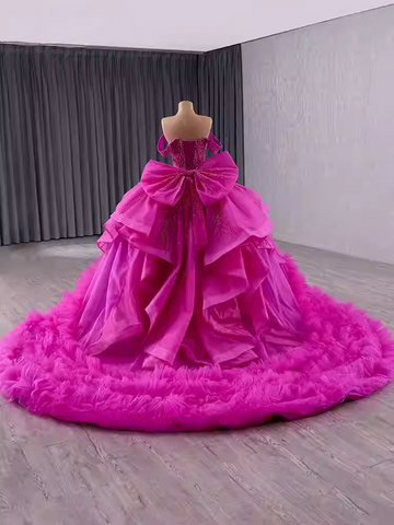 Stunning Off - Shoulder Hot Pink Tulle Ball Gown with Bow and Ruffled Hem Prom Dress, BG005