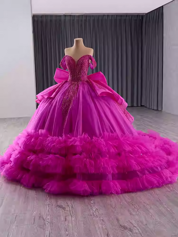 Stunning Off - Shoulder Hot Pink Tulle Ball Gown with Bow and Ruffled Hem Prom Dress, BG005