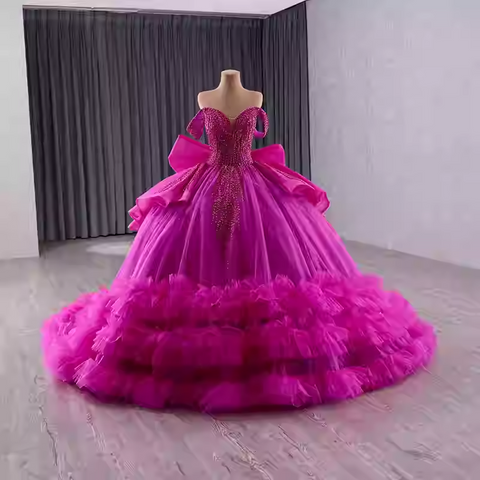 Stunning Off - Shoulder Hot Pink Tulle Ball Gown with Bow and Ruffled Hem Prom Dress, BG005