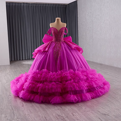 Stunning Off - Shoulder Hot Pink Tulle Ball Gown with Bow and Ruffled Hem Prom Dress, BG005