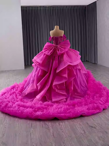 Stunning Off - Shoulder Hot Pink Tulle Ball Gown with Bow and Ruffled Hem Prom Dress, BG005