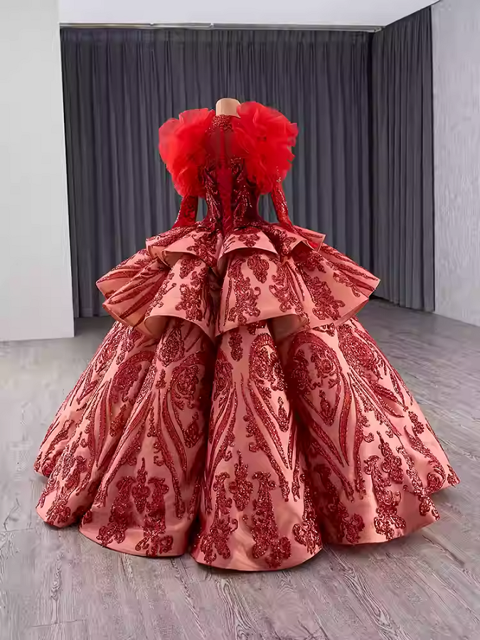 Gorgeous Long - Sleeved High - Neck Red Sequin Ball Gown with Oversized Bow and Feather Detailing Prom Dress, BG006
