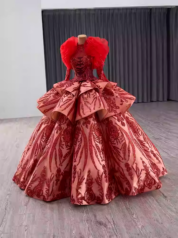 Gorgeous Long - Sleeved High - Neck Red Sequin Ball Gown with Oversized Bow and Feather Detailing Prom Dress, BG006