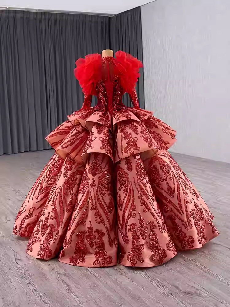 Gorgeous Long - Sleeved High - Neck Red Sequin Ball Gown with Oversized Bow and Feather Detailing Prom Dress, BG006