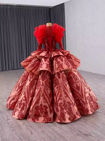 Gorgeous Long - Sleeved High - Neck Red Sequin Ball Gown with Oversized Bow and Feather Detailing Prom Dress, BG006