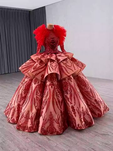 Gorgeous Long - Sleeved High - Neck Red Sequin Ball Gown with Oversized Bow and Feather Detailing Prom Dress, BG006