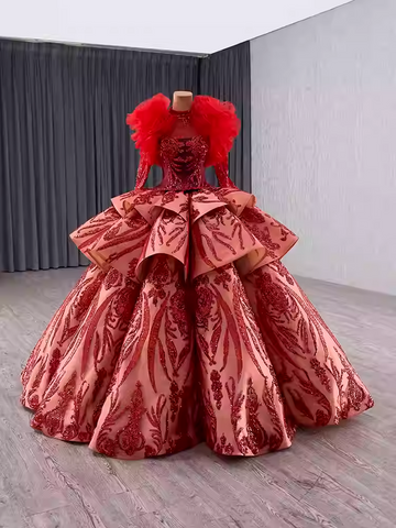 Gorgeous Long - Sleeved High - Neck Red Sequin Ball Gown with Oversized Bow and Feather Detailing Prom Dress, BG006