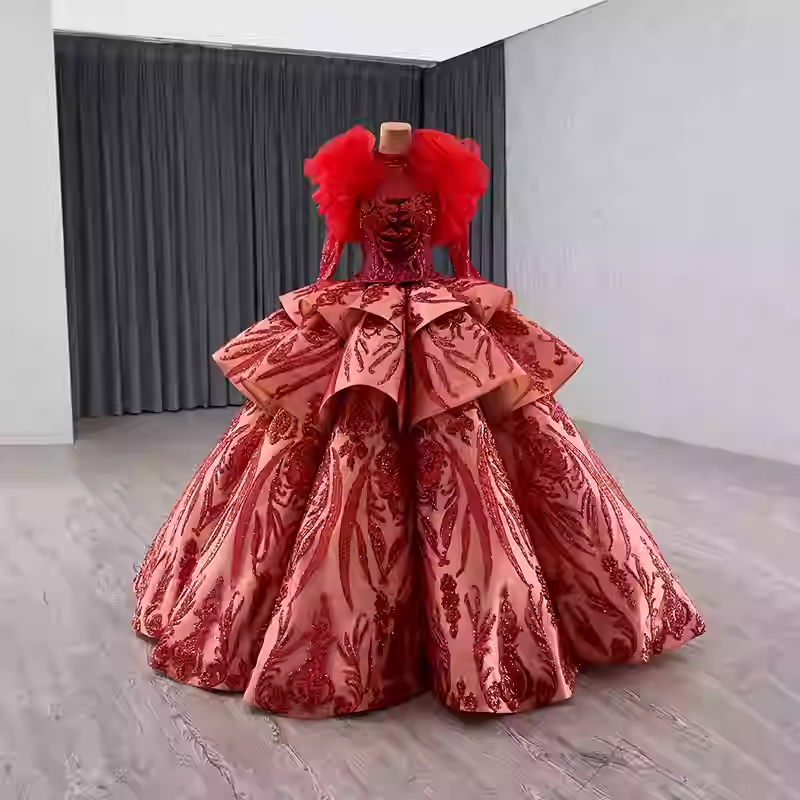Gorgeous Long - Sleeved High - Neck Red Sequin Ball Gown with Oversized Bow and Feather Detailing Prom Dress, BG006