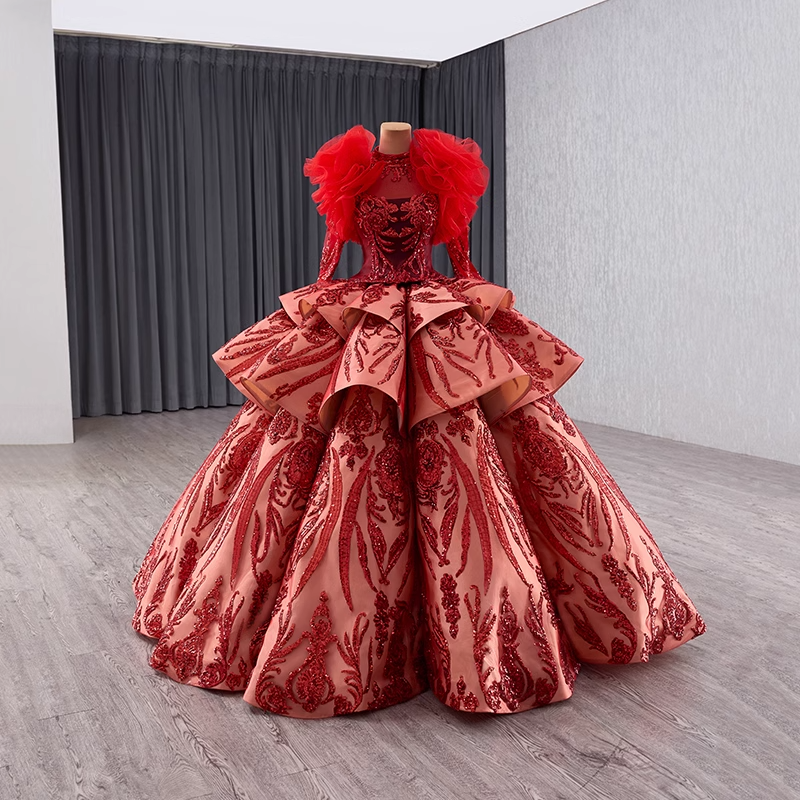 Gorgeous Long - Sleeved High - Neck Red Sequin Ball Gown with Oversized Bow and Feather Detailing Prom Dress, BG006