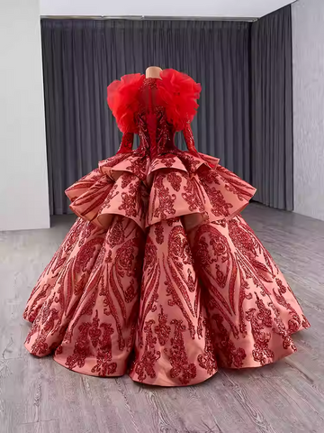 Gorgeous Long - Sleeved High - Neck Red Sequin Ball Gown with Oversized Bow and Feather Detailing Prom Dress, BG006