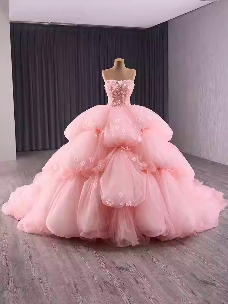 Enchanting Strapless Pink Tulle Ball Gown with Layered Puff Prom Dress and Floral Embellishments, BG007