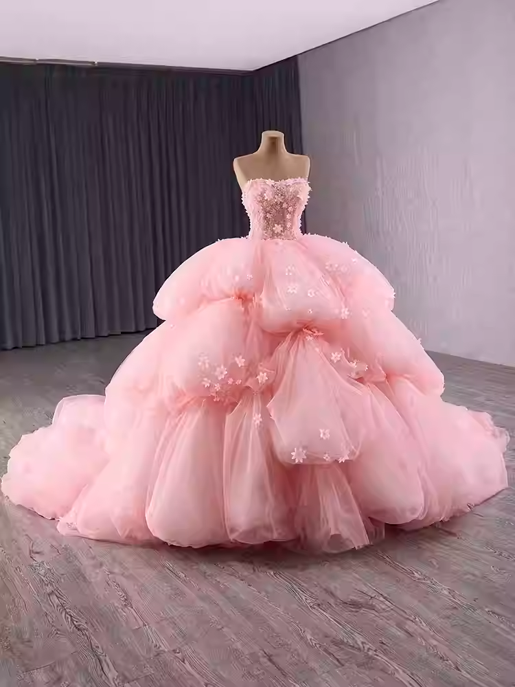 Enchanting Strapless Pink Tulle Ball Gown with Layered Puff Prom Dress and Floral Embellishments, BG007