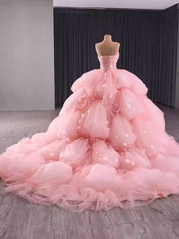 Enchanting Strapless Pink Tulle Ball Gown with Layered Puff Prom Dress and Floral Embellishments, BG007