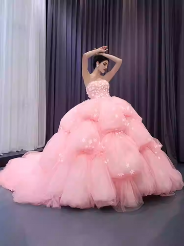 Enchanting Strapless Pink Tulle Ball Gown with Layered Puff Prom Dress and Floral Embellishments, BG007