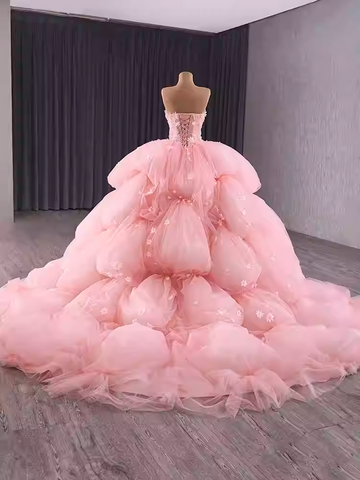 Enchanting Strapless Pink Tulle Ball Gown with Layered Puff Prom Dress and Floral Embellishments, BG007