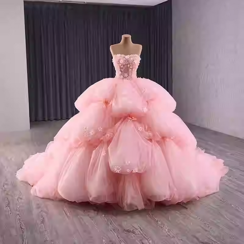 Enchanting Strapless Pink Tulle Ball Gown with Layered Puff Prom Dress and Floral Embellishments, BG007