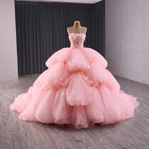 Enchanting Strapless Pink Tulle Ball Gown with Layered Puff Prom Dress and Floral Embellishments, BG007