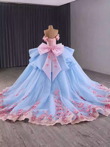 Exquisite Off - Shoulder Blue Tulle Ball Gown with Pink Floral Embroidery and Ruffled Accents Prom Dress, BG008